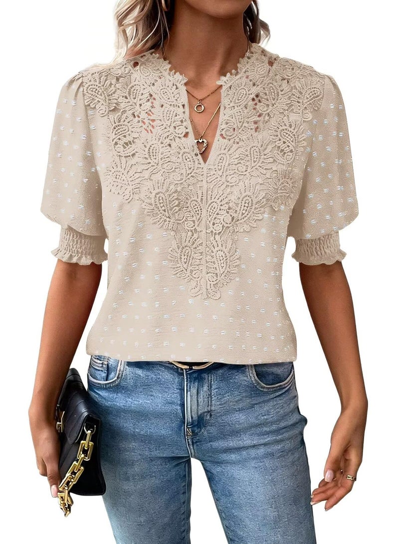 Falechay Bohemian Tops For Women Dressy Cute Womens Summer Blouse Apricot Shirts For Women Solid Pullover V Neck Spring Flowy Tunic Top Spring Loose Xl - Image 1
