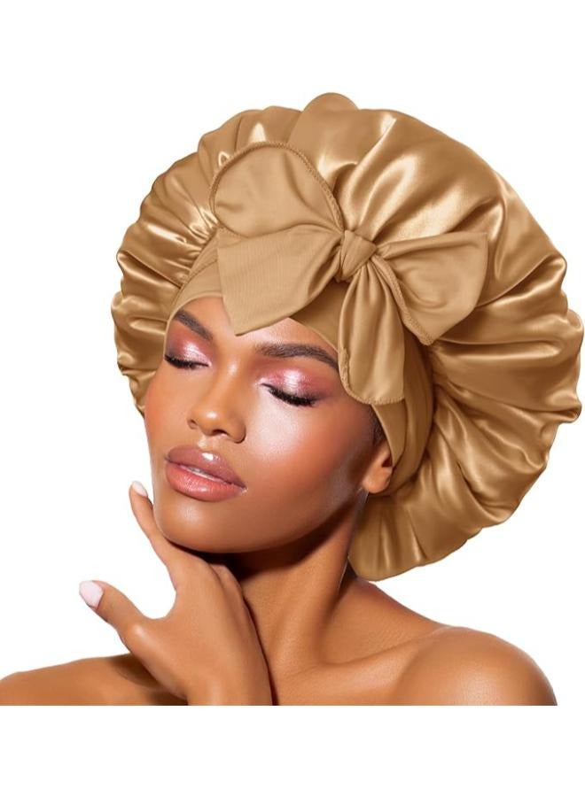 BONNET QUEEN Silk for Sleeping Women Satin Hair Night Sleep Cap Scarf wrap for Curly Hair with tie Band Beige - Image 1