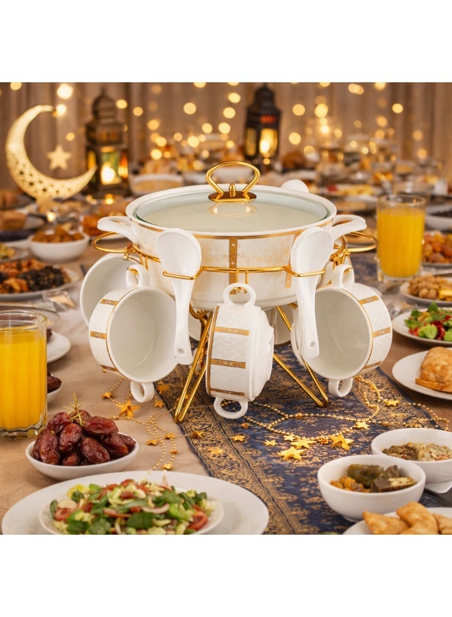 بن شيهون 🥣 طقم شوربة فاخر من البورسلين الأبيض مع حامل ذهبي – 16 قطعة | مثالي لـ 6 أشخاص ✨ ✨ الفخامة التي تزين مائدتك ✨ - Image 1