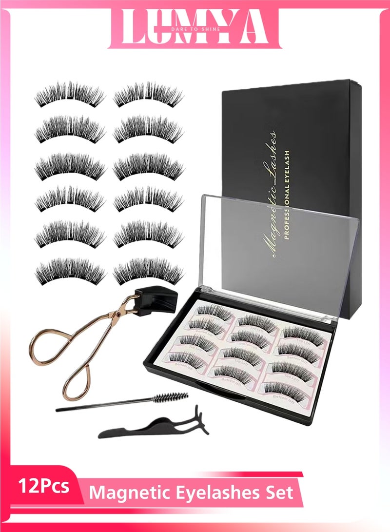 LUMYA 12Pcs Magnetic Eyelashes Set, Reusable Natural Double Magnet False Eyelashes with Applicator and Tweezers, No Glue Needed, Soft High-Temperature Fiber, Easy to Wear and Remove (Black) - Image 1