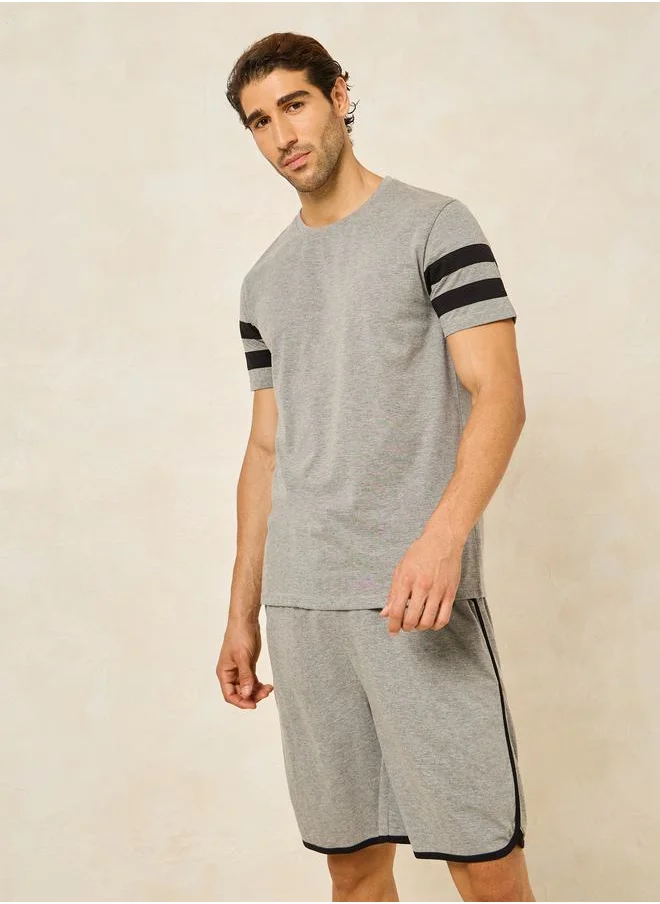 Styli Striped Sleeve Print Crew Neck T-Shirt & Shorts Set