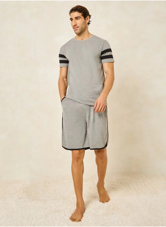 Styli Striped Sleeve Print Crew Neck T-Shirt & Shorts Set