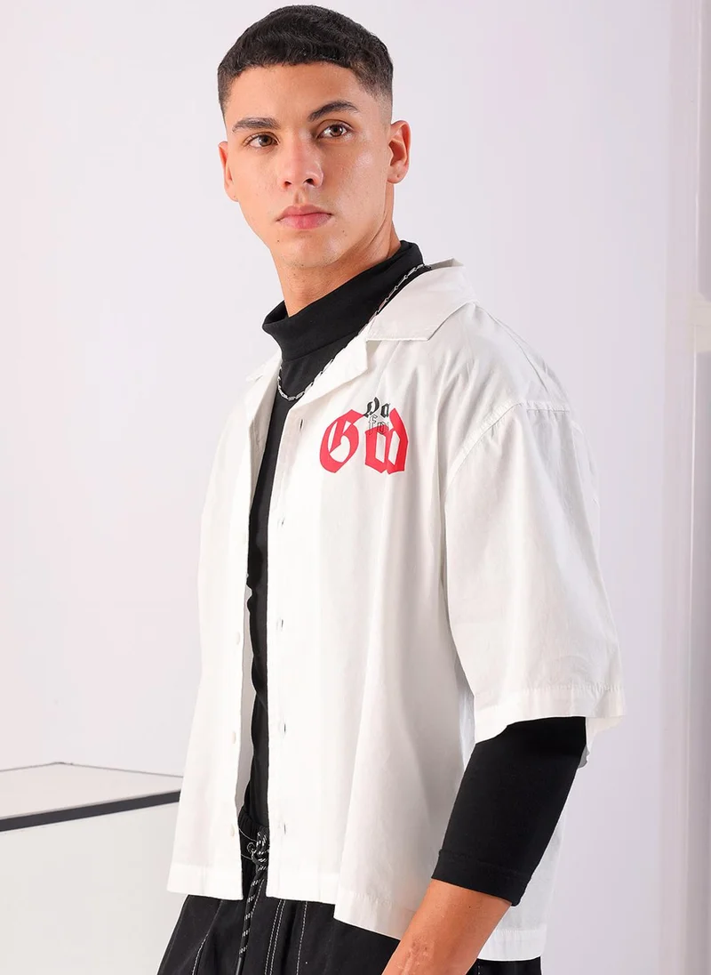 ذا انديان كراج كو Men Boxy Fit Graphic Print Half Sleeves Cuban Collar Street Wear Cropped Shirt