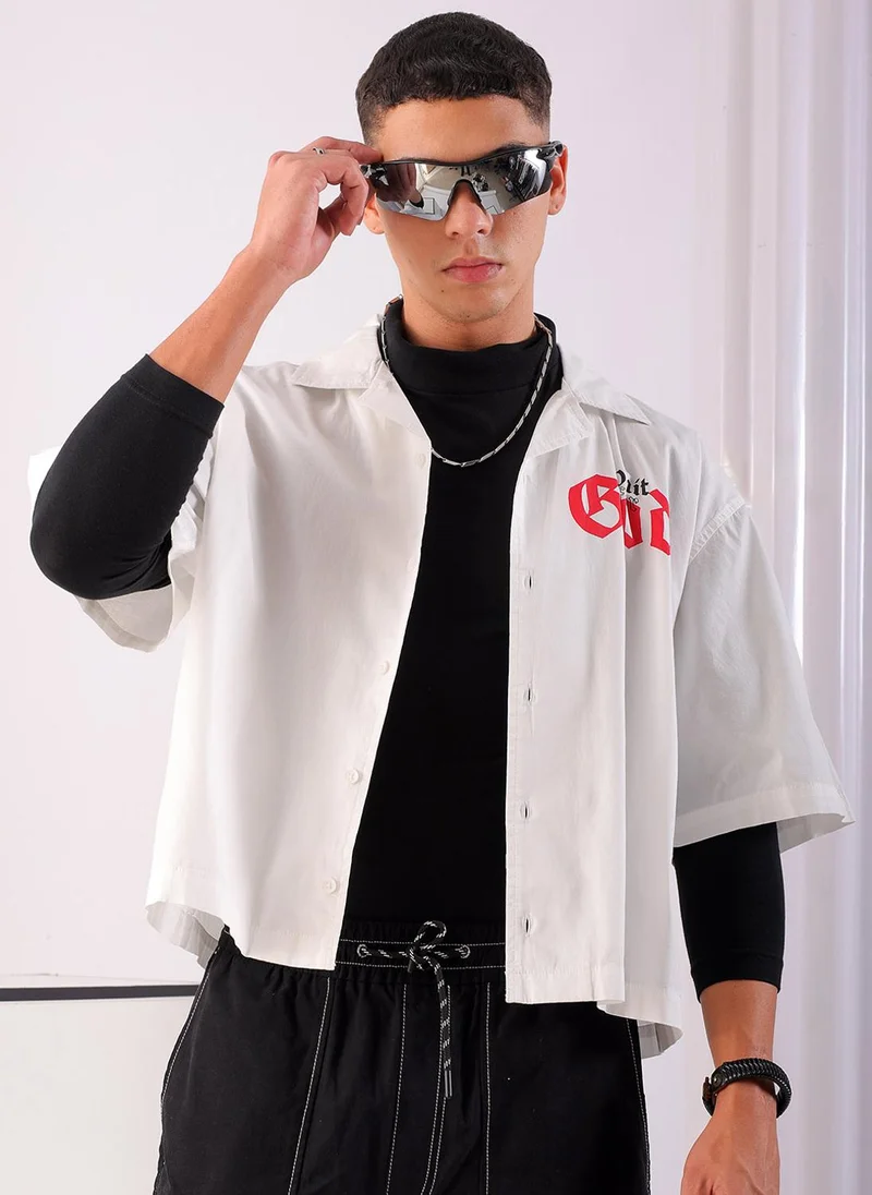 ذا انديان كراج كو Men Boxy Fit Graphic Print Half Sleeves Cuban Collar Street Wear Cropped Shirt