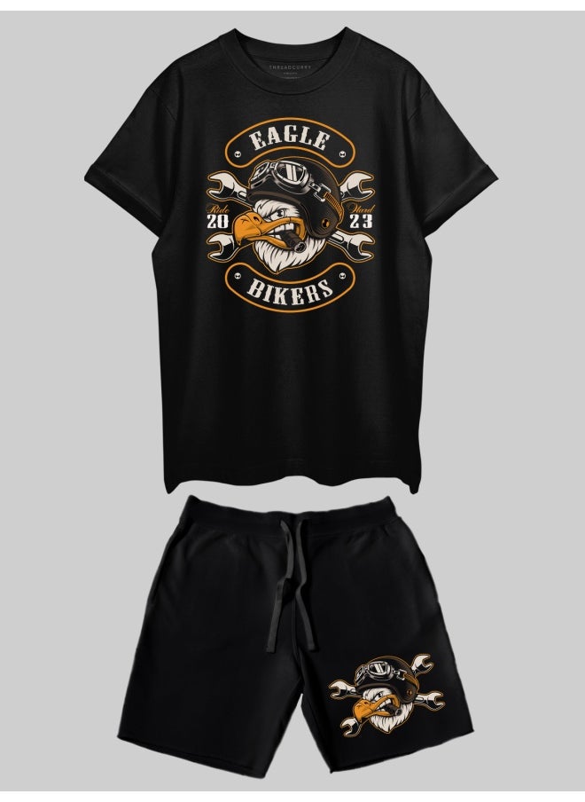 THREADCURRY THREADCURRY Eagle Biker Printed Co-ord Set for Men - Half Sleeve Oversized T-Shirt and Shorts  - Image 1