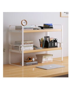 McDou 2 layer simple desktop bookshelf storage rack with metal frame wood board desktop display rack  suitable for office shelf stationery storage rack living room storage and dormitory use  - Image 1