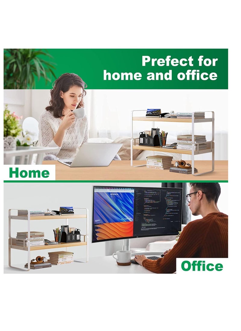 McDou - 2 layer simple desktop bookshelf storage rack with metal frame wood board desktop display rack  suitable for office shelf stationery storage rack living room storage and dormitory use - Image 1