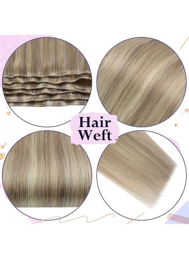 Sunny Hair Sunny Sew in Hair Extensions Real Human Hair Blonde Weft Hair Extensions Dark Ash Blonde Highlights Golden Blonde Highlights Weft Remy Hair Extensions Sew in Hair Extensions 100g 22inch 
