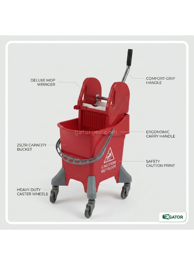 Gator Mop Bucket Trolley with Deluxe Down Press Wringer | Heavy Duty Commercial Floor Cleaning Bucket on Wheels | 25 Ltr | Red - Image 2