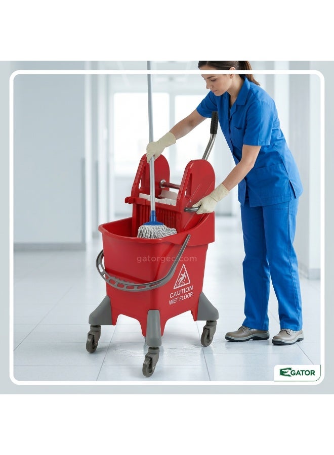 Gator Mop Bucket Trolley with Deluxe Down Press Wringer | Heavy Duty Commercial Floor Cleaning Bucket on Wheels | 25 Ltr | Red - Image 5
