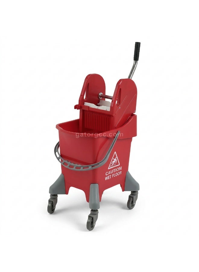 Gator Mop Bucket Trolley with Deluxe Down Press Wringer | Heavy Duty Commercial Floor Cleaning Bucket on Wheels | 25 Ltr | Red - Image 1