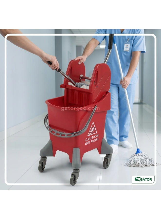 Gator Mop Bucket Trolley with Deluxe Down Press Wringer | Heavy Duty Commercial Floor Cleaning Bucket on Wheels | 25 Ltr | Red - Image 4