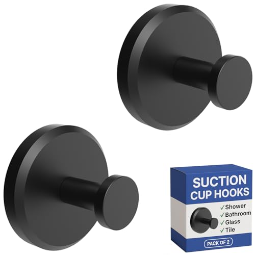 HOME SO Suction Cup Hooks for Shower Bathroom Kitchen Glass Door Mirror Tile Loofah Towel Coat Bath Robe Hook Holder for Hanging up to 15 lbs Waterproof Rustproof Matte Black 2Pack