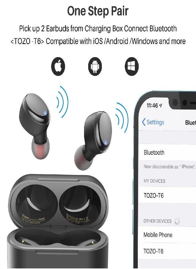 TOZO - توزو T6 سماعات أذن لاسلكية حقيقية بلوتوث 5.3 سماعات رأس تحكم باللمس مع علبة شحن لاسلكية IPX8 مقاومة للماء سماعات ستيريو داخل الأذن ميكروفون مدمج سماعة رأس متميزة صوت عميق أسود (ترقية 2022) - Image 1