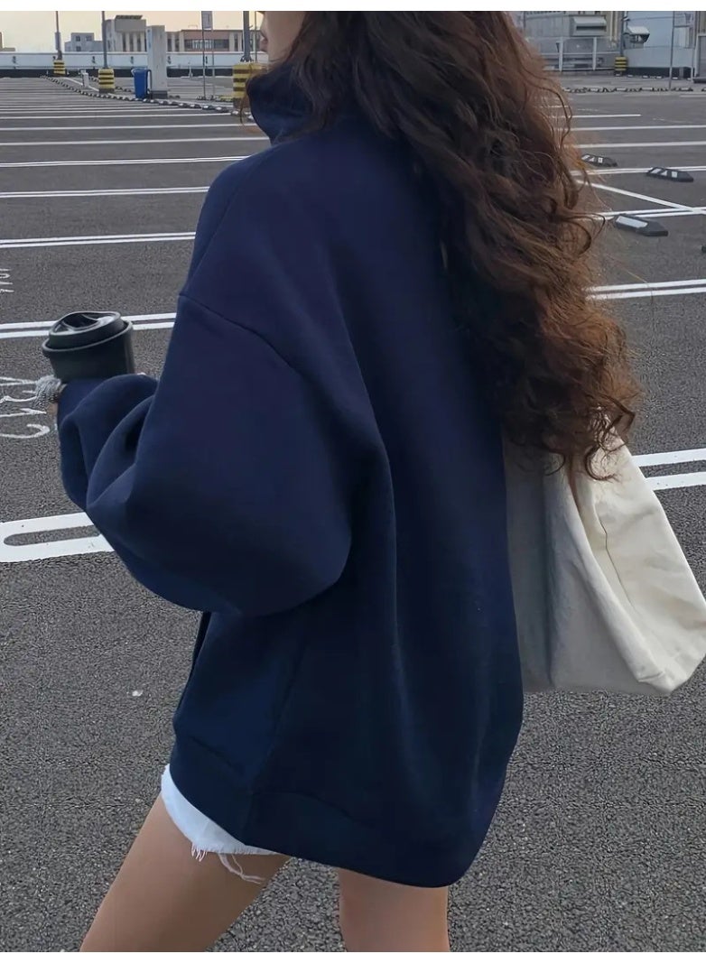 NIBEMINENT Autumn And Winter Women's Fashionable Loose Pullover Casual Half-open Long-sleeved Sports Sweatshirt Daily Street Style - Image 2