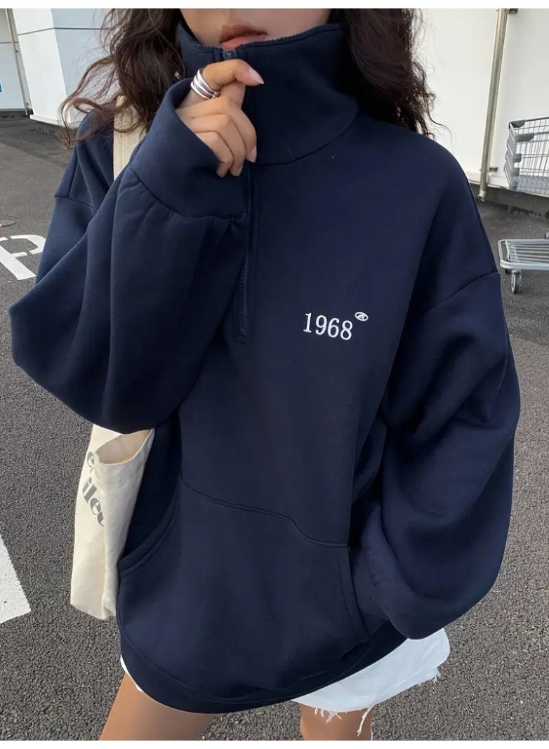 NIBEMINENT Autumn And Winter Women's Fashionable Loose Pullover Casual Half-open Long-sleeved Sports Sweatshirt Daily Street Style - Image 1