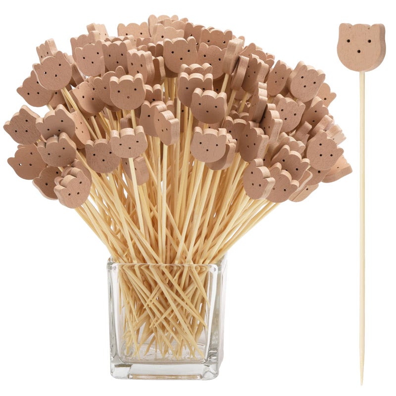 acDesign 200 Pcs Bamboo Cocktail Picks 4.7 Inch Bear Face Cocktail Sticks Food Picks Garnish Sticks Decorative Toothpicks for Appetizers, Fruits, Dessert, Baby Shower, Birthday Wedding, Party Supplies - Image 1