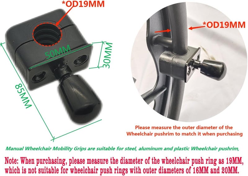 ForconMed Manual Wheelchair Mobility Grips, 3PCS Black, Suitable for 19MM Wheelchair Pushrim with Tools and Hardware - Image 3