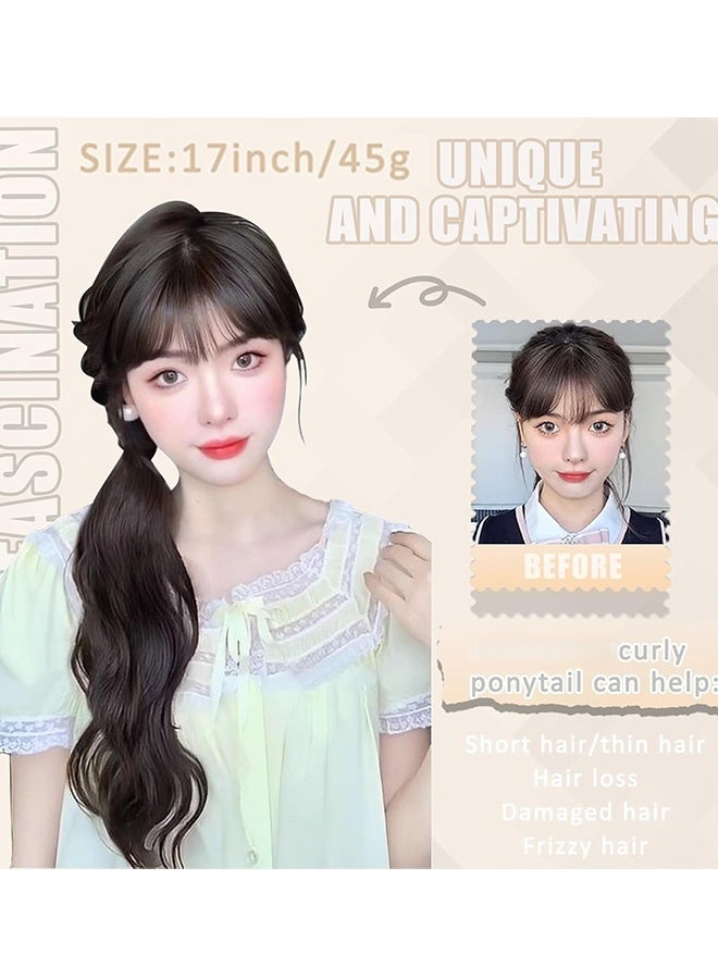 2 Pcs 17 Inch Curly Wave Ponytail Extension with Hair Tie Natural Black Synthetic Hair Piece Fake Ponytail Wig for Daily Wear Party Eid Wedding Dress Up Costumes Hair Accessories for Women Girls - Image 2