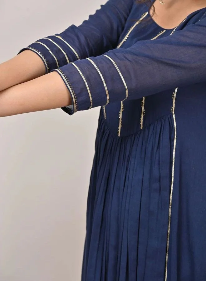 ZERESOUQ Swarn Dark Blue Mulmul Cotton Anarkali Set (Set Of 3)