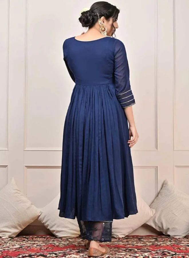 ZERESOUQ Swarn Dark Blue Mulmul Cotton Anarkali Set (Set Of 3)