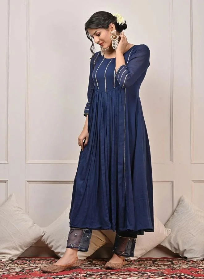 ZERESOUQ Swarn Dark Blue Mulmul Cotton Anarkali Set (Set Of 3)