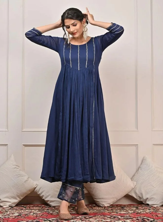 ZERESOUQ Swarn Dark Blue Mulmul Cotton Anarkali Set (Set Of 3)