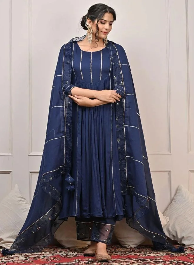 ZERESOUQ Swarn Dark Blue Mulmul Cotton Anarkali Set (Set Of 3)