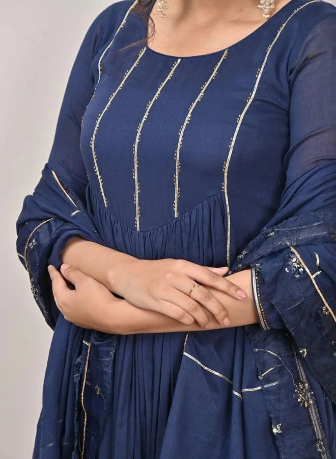 ZERESOUQ Swarn Dark Blue Mulmul Cotton Anarkali Set (Set Of 3)