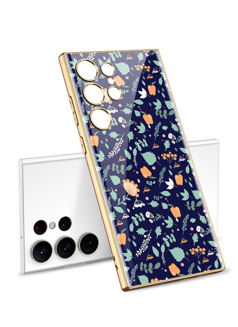 SHIELD EGYPT Compatible With Samsung Galaxy S24 Ultra Case Glass With 3D Flowers Prints Gold Frame (Blue)