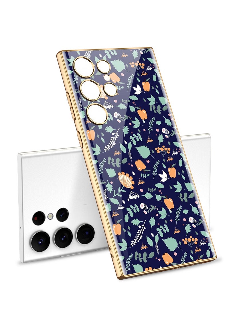 SHIELD EGYPT Compatible With Samsung Galaxy S24 Ultra Case Glass With 3D Flowers Prints Gold Frame (Blue)
