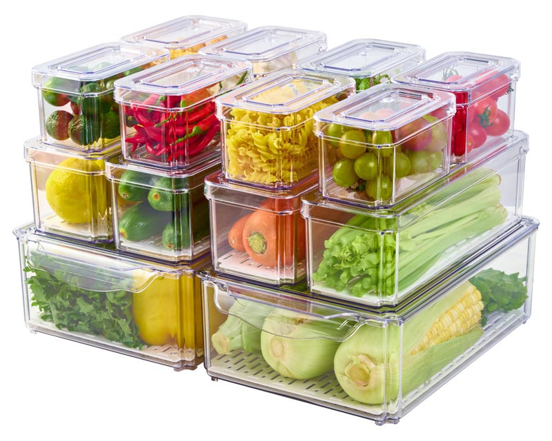 JollyPack 14 Pack Fridge Organizers, Refrigerator Organizer Bins with Lids, BPA Free Stackable Fruit Storage Containers for Fridge, Vegetables, Food and Drinks - Image 1