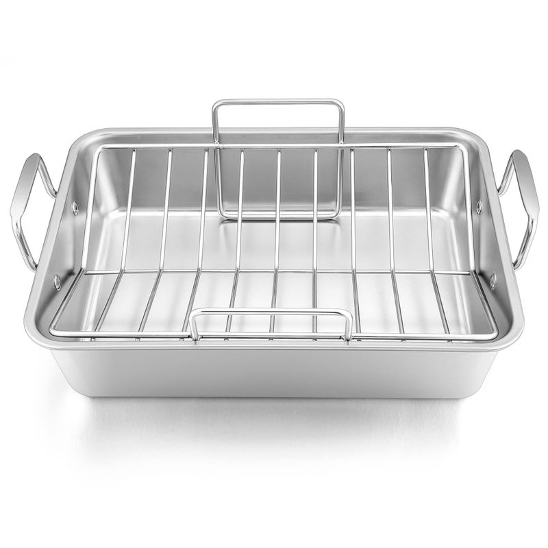 Leonyo Large Turkey Roasting Pan with Vshaped Rack Rectangular 16 x 115 Inch Stainless Steel Turkey Roaster Pan with Rack Heavy Duty for Chicken Lasagna Vegetables Brownie Dishwasher Safe 2Pcs