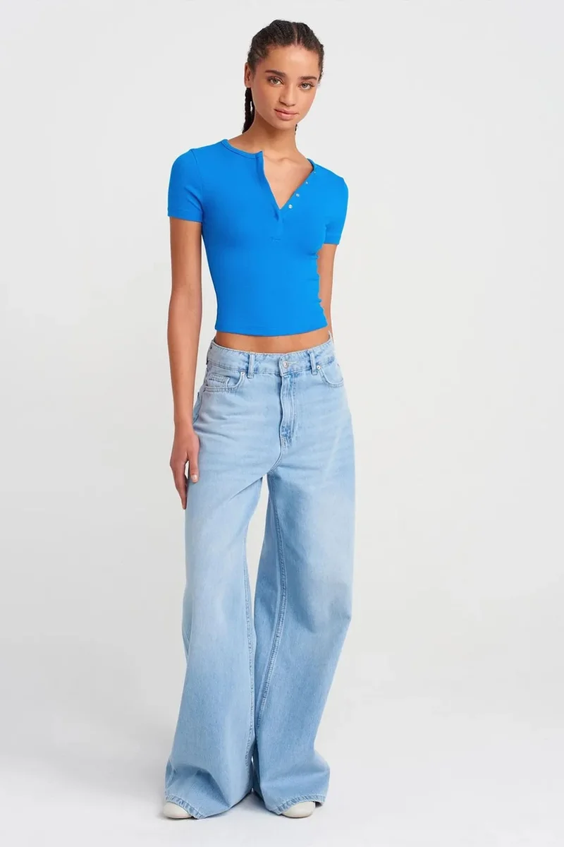 Dilvin Cobalt Blue DILVIN Slim Fit Crop Jersey Blouse for Women | Best Price UAE