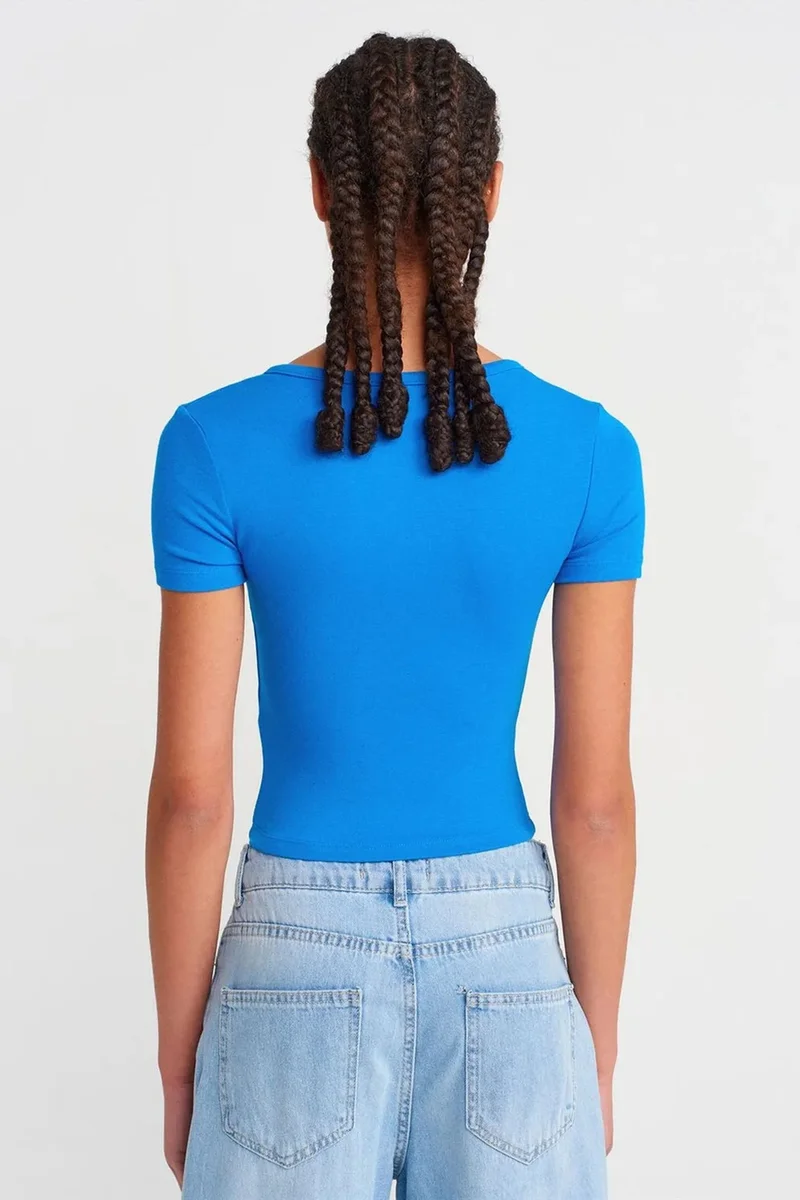Dilvin Cobalt Blue DILVIN Slim Fit Crop Jersey Blouse for Women | Best Price UAE