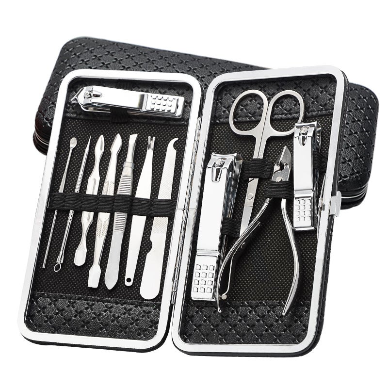 Manufacturers wholesale stainless steel nail scissors manicure knife nail clippers dead skin eyebrow scissors tool manicure set Black Square Leather Case Nail Clippers 12-Piece Set - Image 5