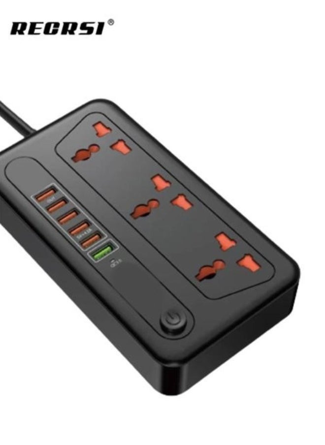 RECRSI Multi-Port Extension Cord With 6 USB Ports, 3 Way AC Power Surge Socket Hub With 2 Meter Cord, For Office and Home Use - Black  - Image 1