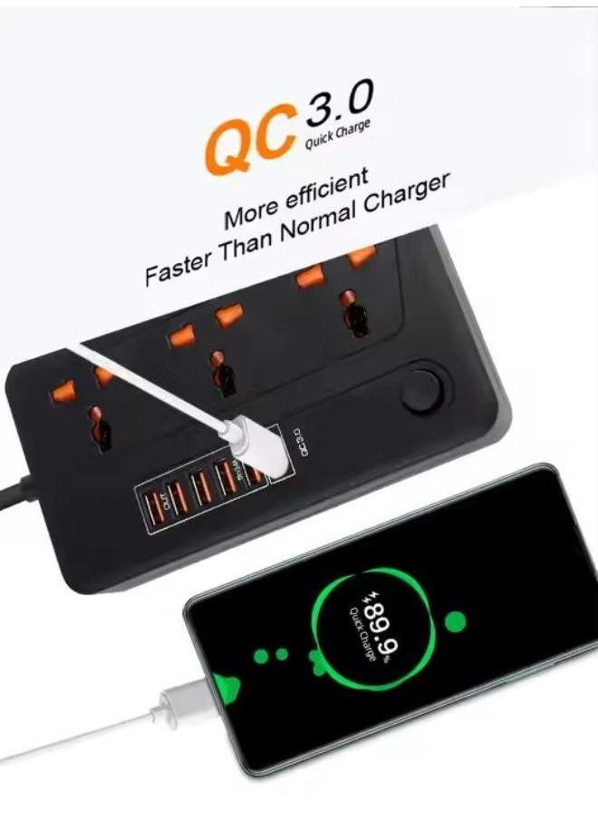 RECRSI Multi-Port Extension Cord With 6 USB Ports, 3 Way AC Power Surge Socket Hub With 2 Meter Cord, For Office and Home Use - Black  - Image 4