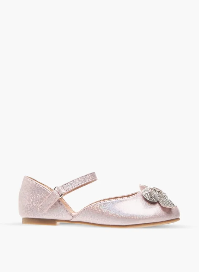 ليتل ميسي Girls Embellished Bow Ballerina Shoes With Hook And Loop Closure