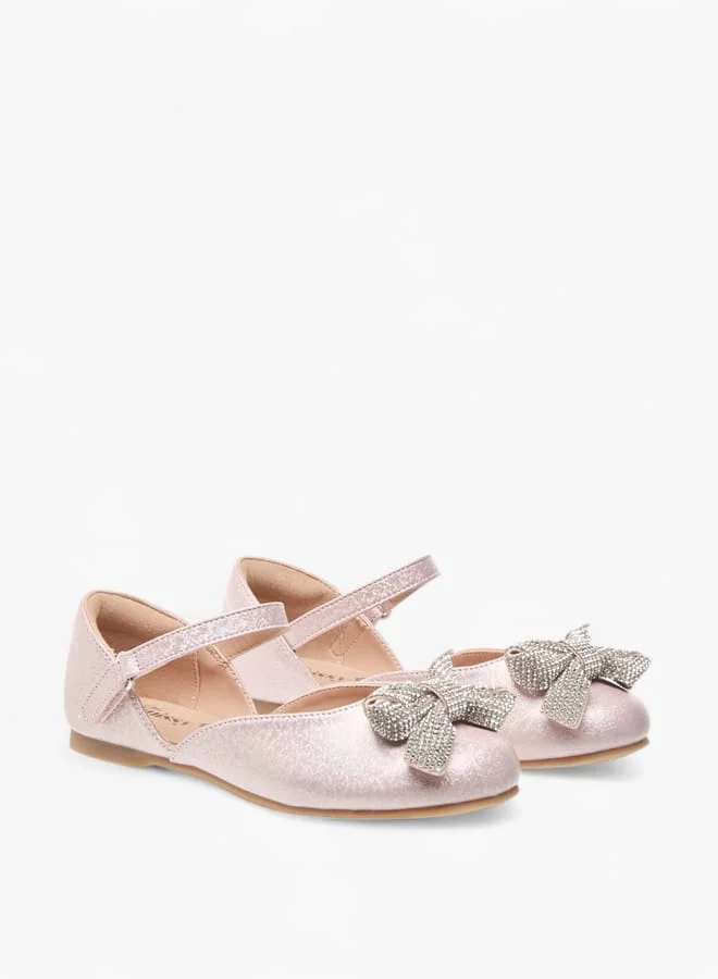 ليتل ميسي Girls Embellished Bow Ballerina Shoes With Hook And Loop Closure
