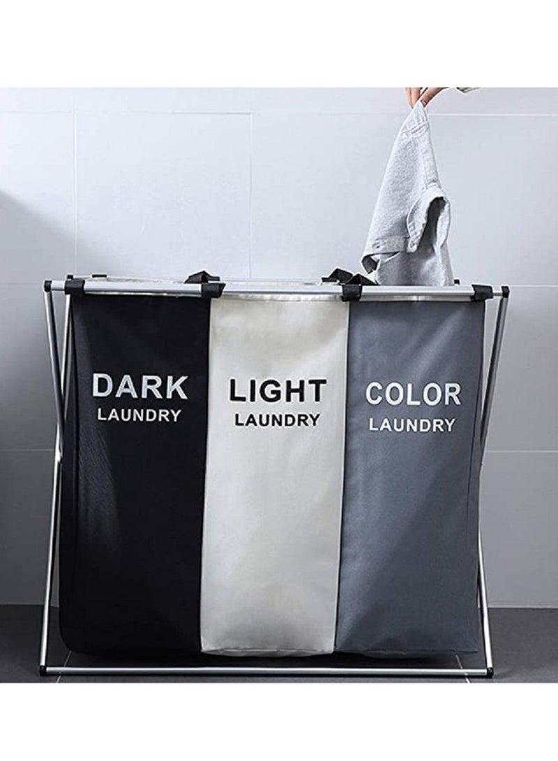 3 Section Laundry Basket Printed Dark Light Color Foldable Hamper Sorter with Waterproof Oxford Bags and Aluminum Frame - Image 3