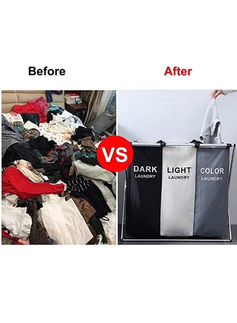 3 Section Laundry Basket Printed Dark Light Color Foldable Hamper Sorter with Waterproof Oxford Bags and Aluminum Frame - Image 4
