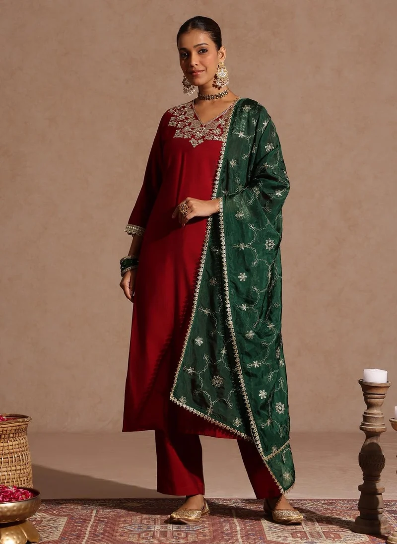 ZERESOUQ Maroon Silk Blend Yoke Embroidery 3-Piece Kurta Set