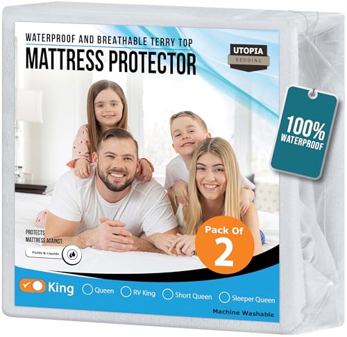 Utopia Bedding Waterproof Mattress Protector King Size 2 Pack 200 GSM Breathable Terry Mattress Cover Fitted Style with Stretchable Pockets White