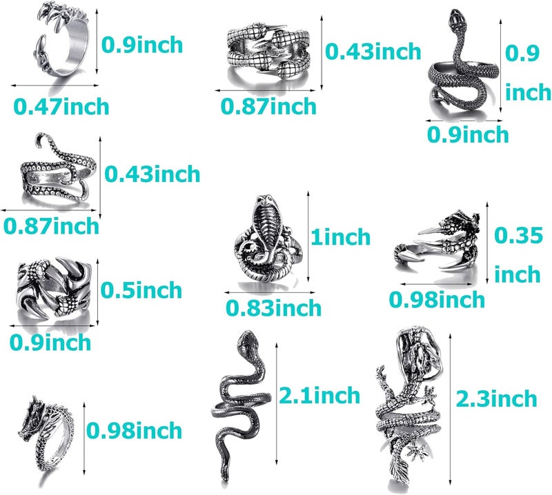 LIHAN 10 Pieces of Vintage Punk Ring Dragon Snake Octopus Adjustable Ring - Image 2