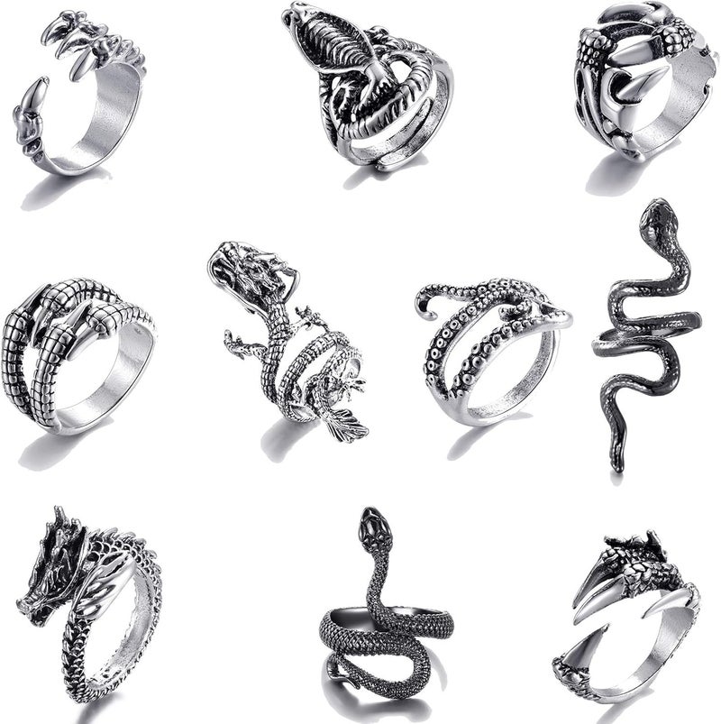 LIHAN 10 Pieces of Vintage Punk Ring Dragon Snake Octopus Adjustable Ring - Image 1