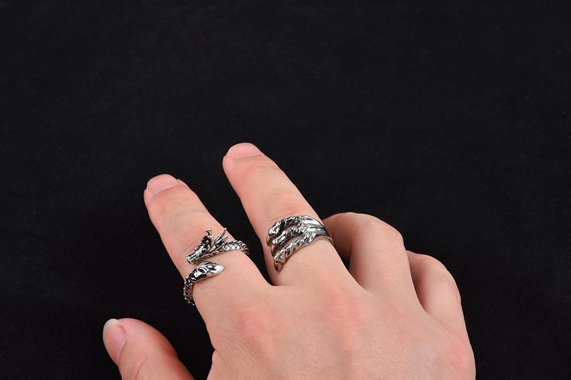 LIHAN 10 Pieces of Vintage Punk Ring Dragon Snake Octopus Adjustable Ring - Image 5