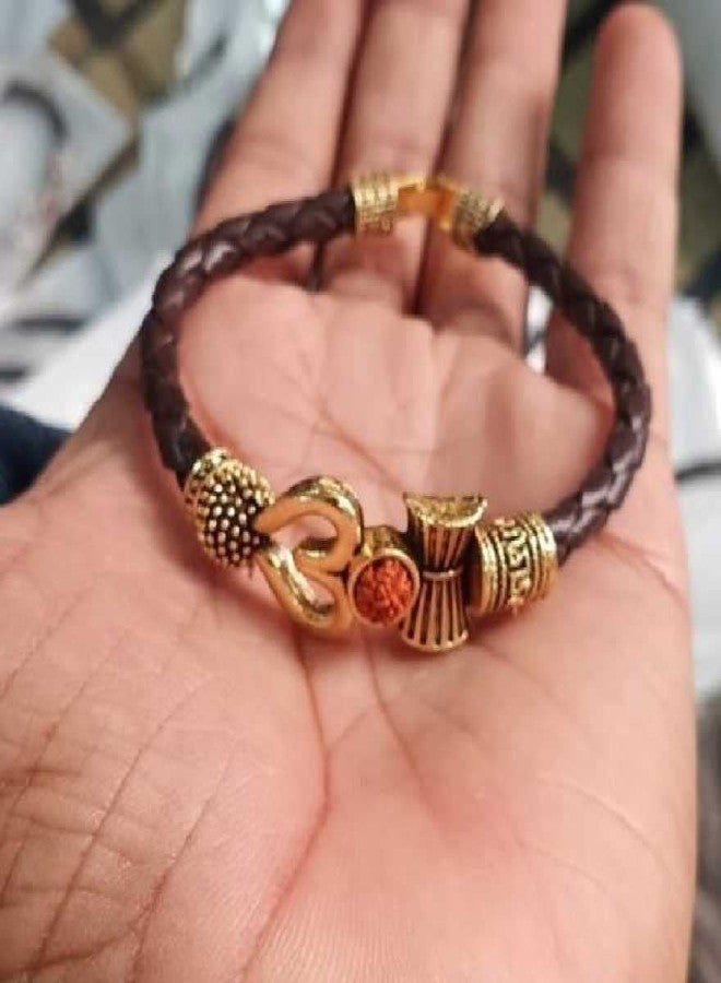ASTRODIDI Trishul Damru Lord Shiva Om Rudraksha Golden Color Leather Look Mahadev Mahakal Shiva Bhakt Bahubali Free Size Kada Bracelet for Men & Women (Brown & Gold) - Image 4