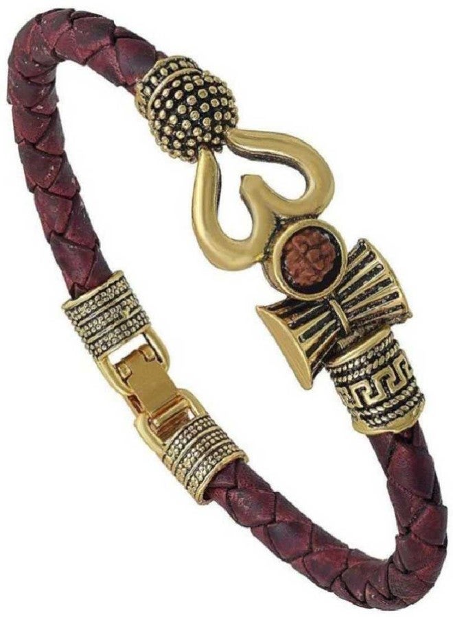 ASTRODIDI Trishul Damru Lord Shiva Om Rudraksha Golden Color Leather Look Mahadev Mahakal Shiva Bhakt Bahubali Free Size Kada Bracelet for Men & Women (Brown & Gold) - Image 1