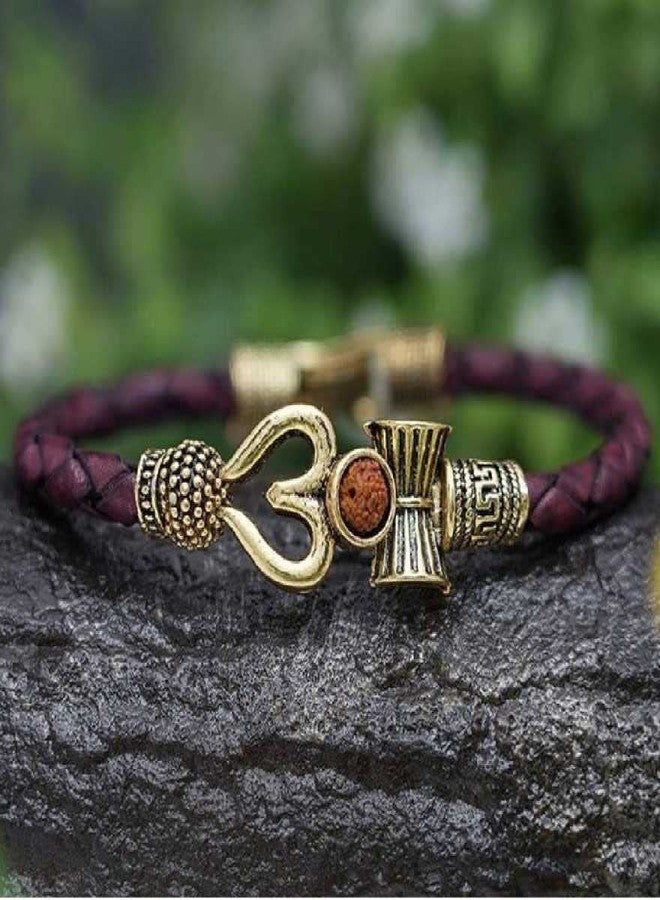 ASTRODIDI Trishul Damru Lord Shiva Om Rudraksha Golden Color Leather Look Mahadev Mahakal Shiva Bhakt Bahubali Free Size Kada Bracelet for Men & Women (Brown & Gold) - Image 3